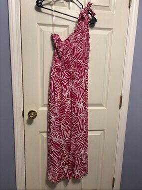 One-Shoulder Pink and White Tropical Maxi Dress